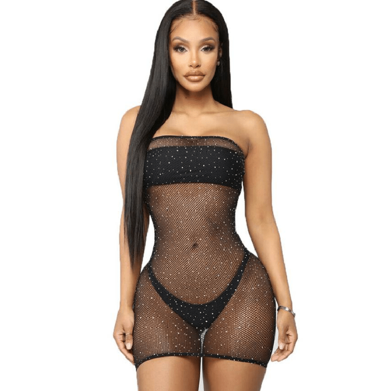 QUEEN LINGERIE – ROBE CORPS EN FILET AVEC DIAMANTS S/L