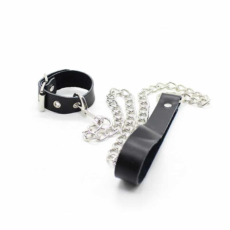 OHMAMA FETISH – COLLIER PÉNIS ET BRACELET EN CUIR AVEC CHAÎNE MÉTALLIQUE