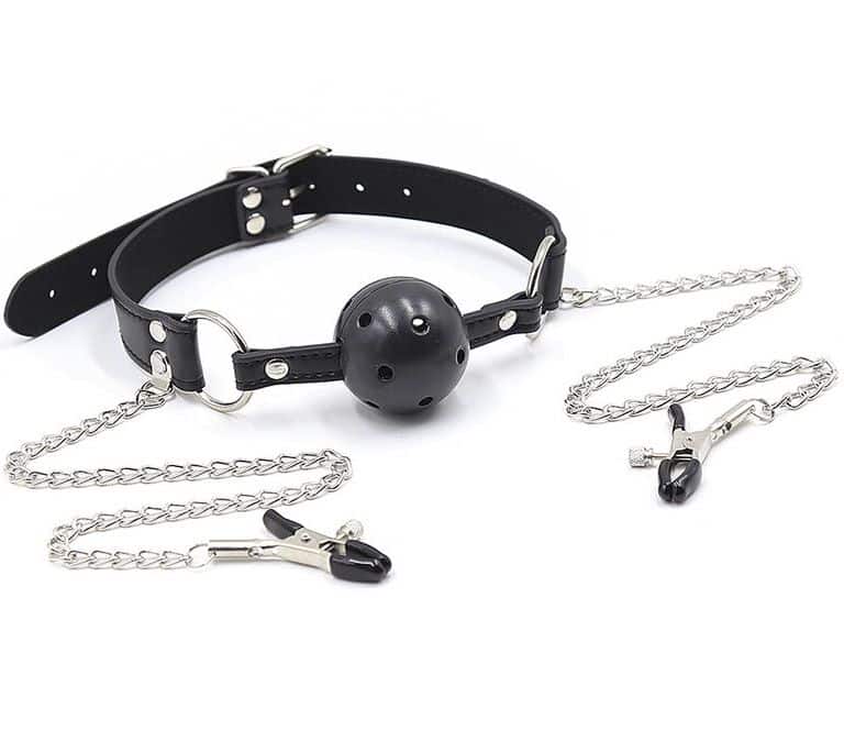 OHMAMA FETISH – BALL GAG AVEC ÉVENTS ET PINCES  TÉLÉNOLS