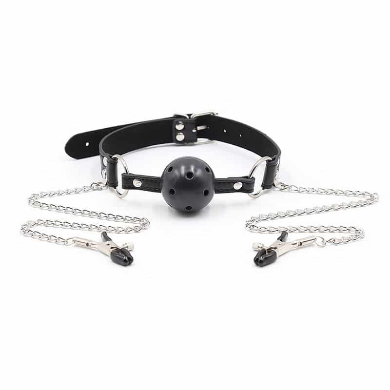 OHMAMA FETISH – BALL GAG AVEC ÉVENTS ET PINCES  TÉLÉNOLS