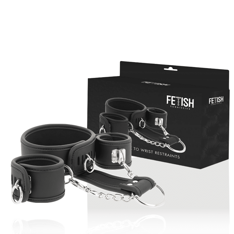 FETISH SUBMISSIVE – COLLIER ET MENOTTES EN CUIR VÉGAN AVEC DOUBLURE EN NOPRÈNE