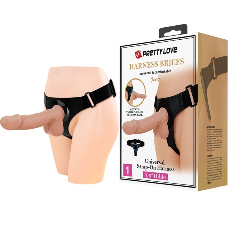 PRETTY LOVE – SLIP HARNAIS HARNAIS UNIVERSEL AVEC GODE JERRY 21,8 CM NATUREL