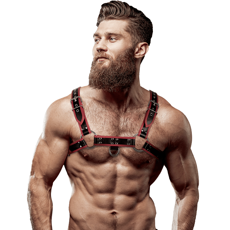 FETISH SUBMISSIVE ATTITUDE – HARNAIS POITRINE EN CUIR ÉCOLOGIQUE POUR HOMMES NOIR/ROUGE