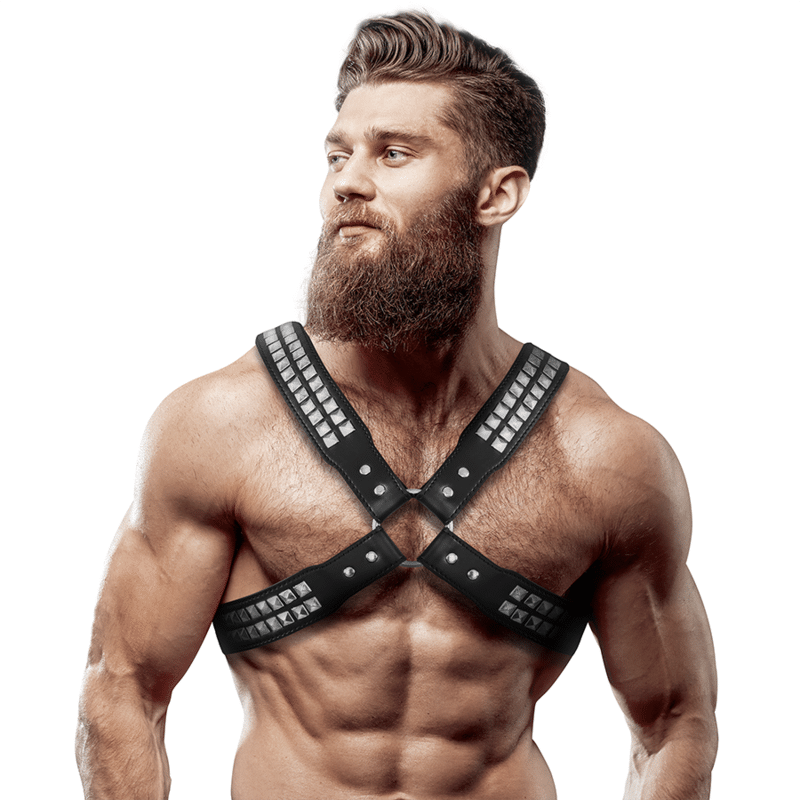FETISH SUBMISSIVE ATTITUDE – HARNAIS POITRINE CROISÉE EN CUIR ÉCOLOGIQUE POUR HOMMES AVEC RIVETS