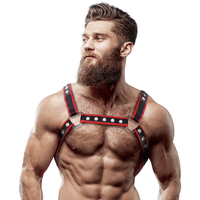 FETISH SUBMISSIVE ATTITUDE – HARNAIS POITRINE BULLDOG EN CUIR ÉCOLOGIQUE POUR HOMMES NOIR/ROUGE