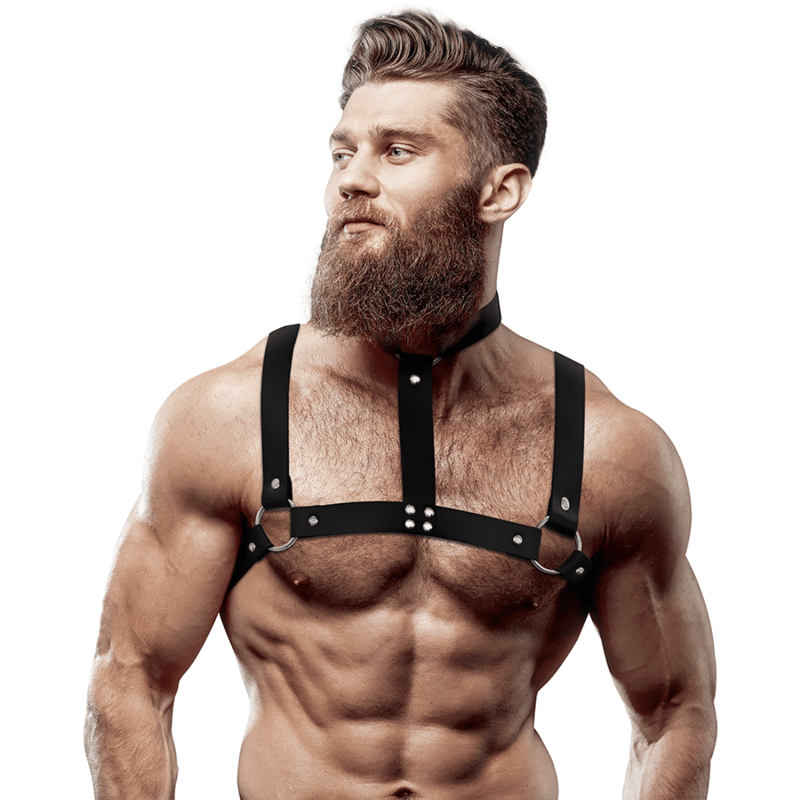 FETISH SUBMISSIVE ATTITUDE – HARNAIS POITRINE AJUSTABLE EN CUIR ÉCOLOGIQUE AVEC COLLIER POUR HOMMES