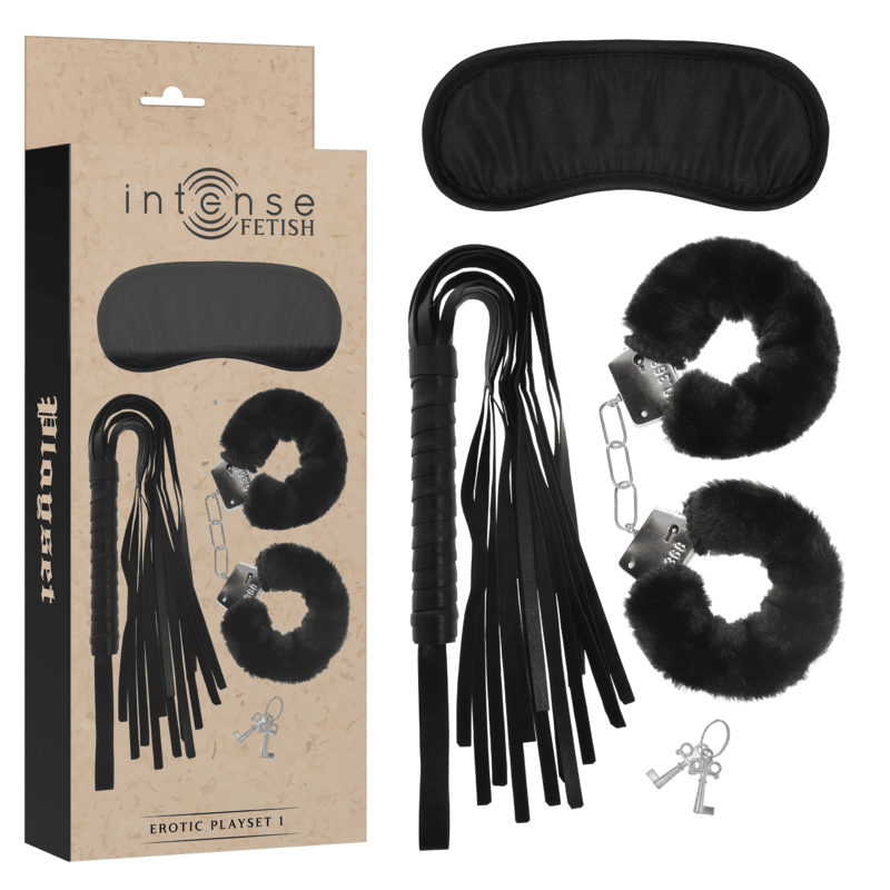 INTENSE FETISH – PLAYSET ÉROTIQUE 1 AVEC MENOTTES, MASQUE AVEUGLE ET FLOGGER