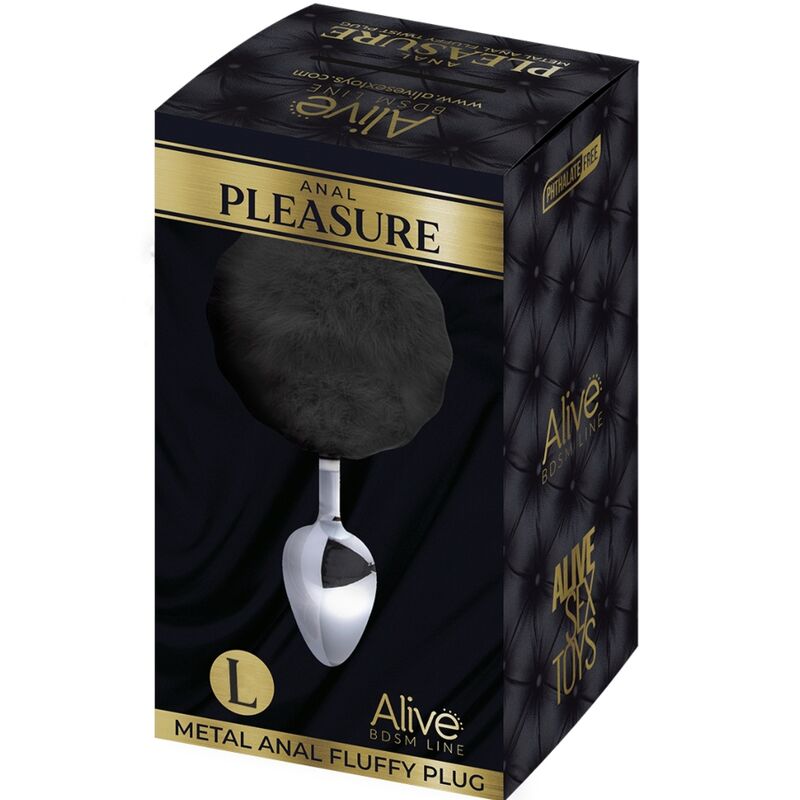 ALIVE – PLUG DE PLAISIR ANAL LISSE MÉTAL FLUFFY NOIR TAILLE L