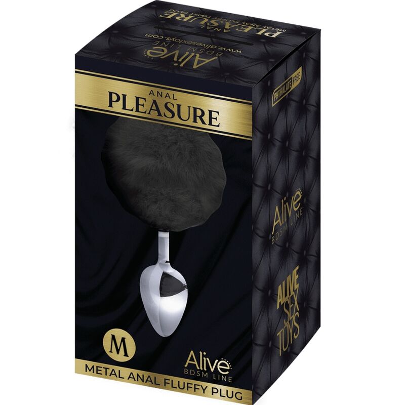 ALIVE – PLUG DE PLAISIR ANAL LISSE MÉTAL FLUFFY NOIR TAILLE M