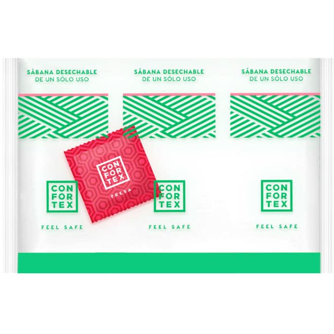 CONFORTEX – FEUILLES HYGIÉNIQUES JETABLES , SAC INDIVIDUEL + CONDOM FRAISE