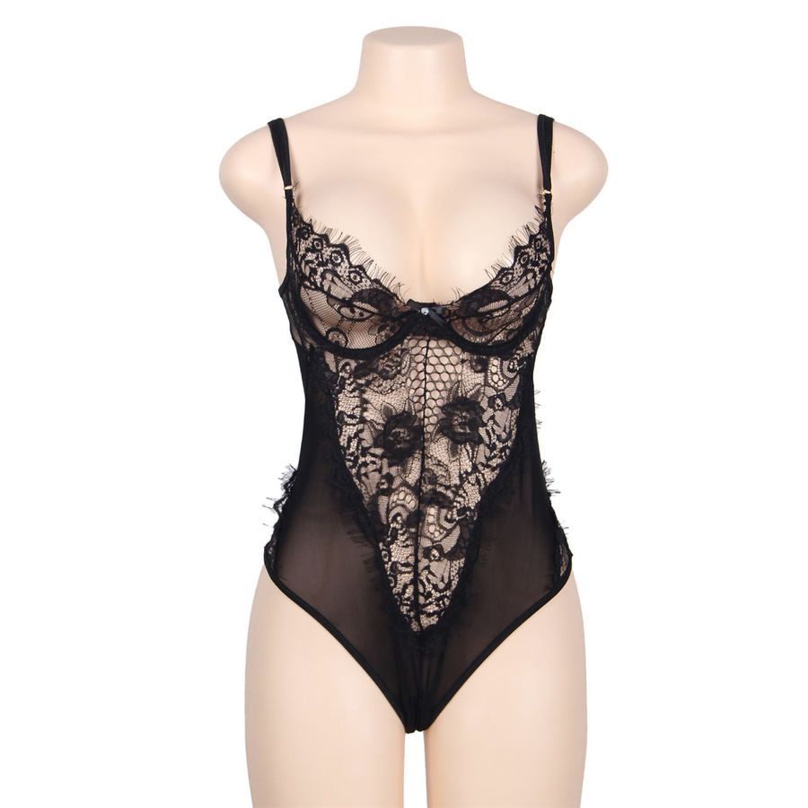 SUBBLIME – QUEEN PLUS DENTELLE FLORALE ET TEDDY NOIR  FRANGES