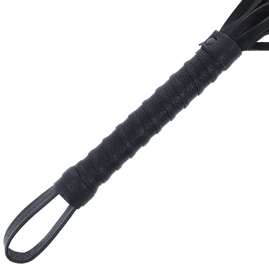 DARKNESS – FOUET DE BONDAGE NOIR AVEC MANCHE EN CUIR