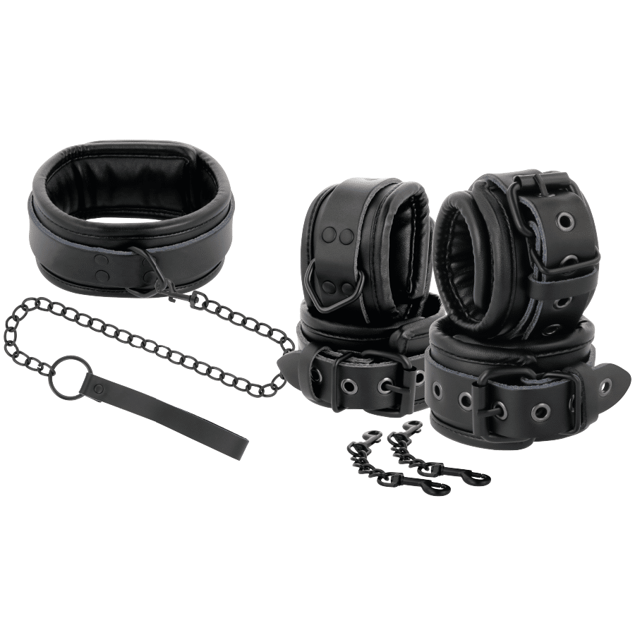 DARKNESS – MENOTTES ET COLLIER EN CUIR NOIR
