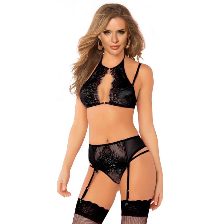 QUEEN LINGERIE – ENSEMBLE SOUTIEN-GORGE + JARRETIÈREs ET STRING TAILLE S/M