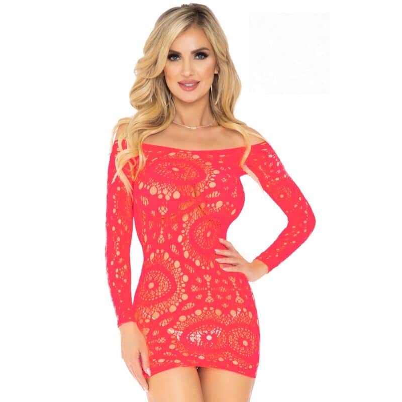LEG AVENUE – MINI ROBE EN DENTELLE CROCHET  MANCHES LONGUES CORAIL TAILLE UNIQUE