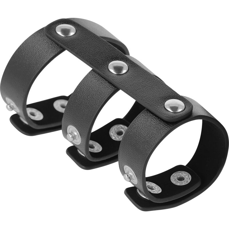 DARKNESS – DOUBLE ANNEAU DE PÉNIS ET TESTICULES EN CUIR RÉGLABLE