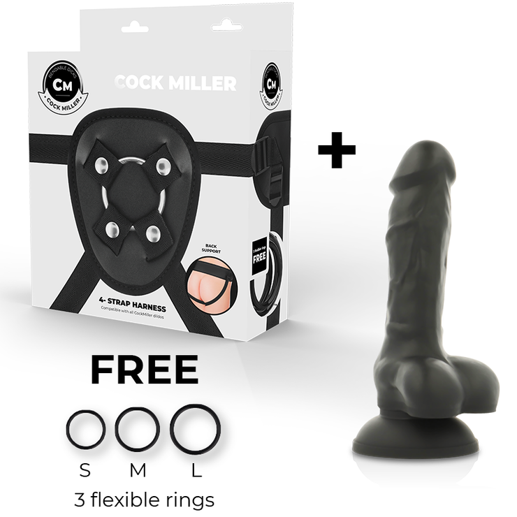 COCK MILLER – HARNAIS + SILICONE DENSITÉ COCKSIL ARTICULABLE NOIR 13 CM