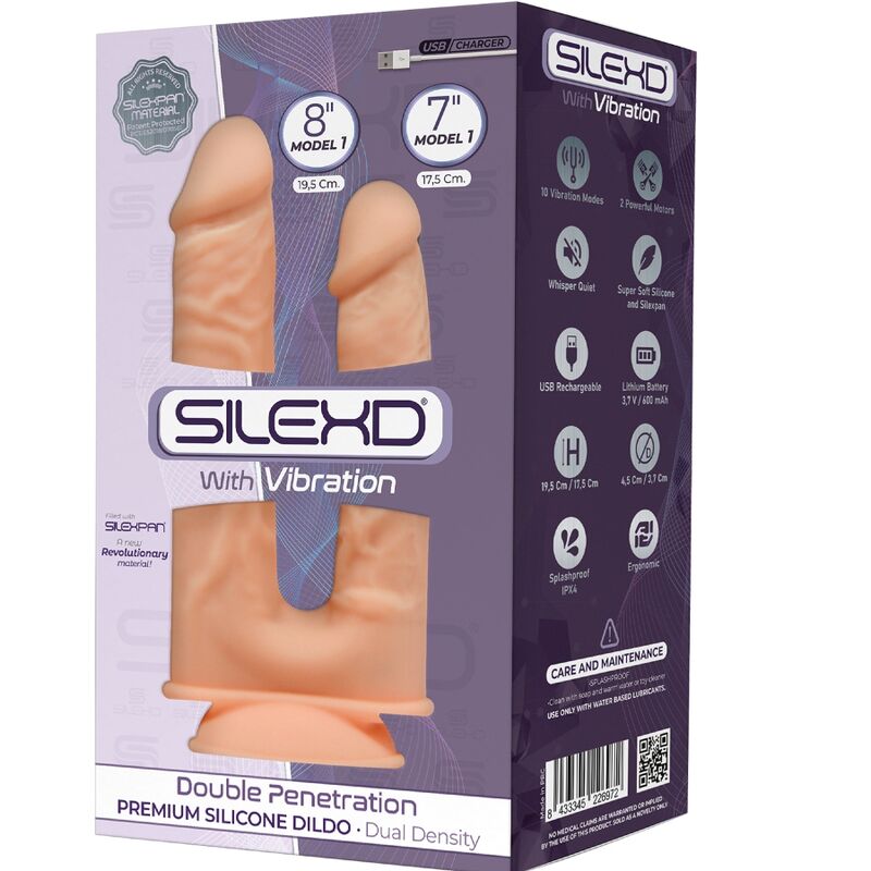 SILEXD – MODÈLE 1 VIBRATEUR PÉNIS RÉALISTE DOUBLE PÉNÉTRATION PREMIUM SILEXPAN SILICONE 17.5 / 19.5 CM